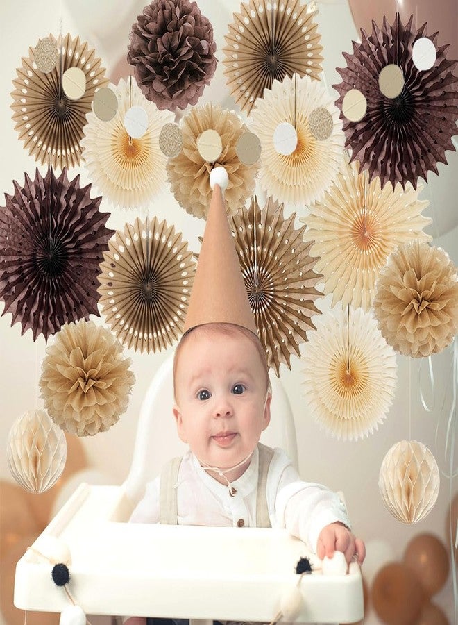 FETETIJD Brown Party Decorations Brown and Beige Paper Fans Party Decorations Neutral Party Decorations Honeycomb Balls Beige Rustic Birthday Wedding Boho Baby Shower Brown Engagement Party Decorations - Image 4