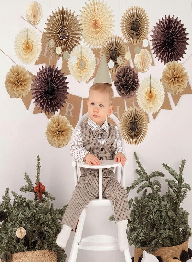 FETETIJD Brown Party Decorations Brown and Beige Paper Fans Party Decorations Neutral Party Decorations Honeycomb Balls Beige Rustic Birthday Wedding Boho Baby Shower Brown Engagement Party Decorations - Image 3