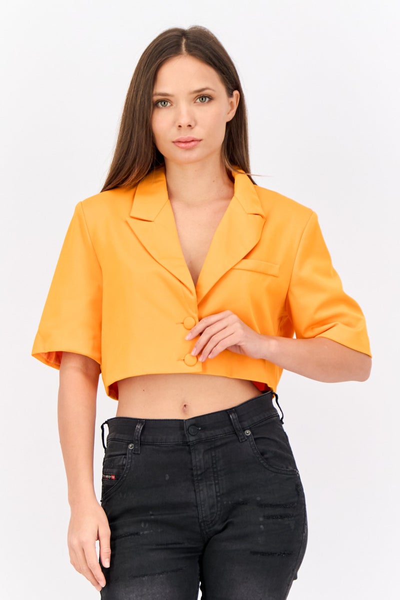 Unique21 Women Regular Fit Solid Semi Formal Cropped Blazer, Orange  - Image 1