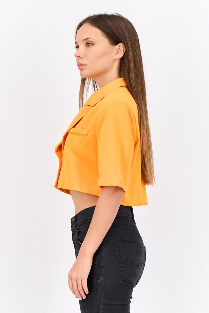 Unique21 Women Regular Fit Solid Semi Formal Cropped Blazer, Orange  - Image 4
