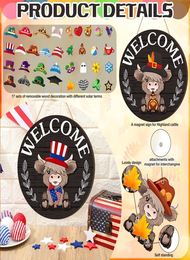Vicenpal 35 Pcs Interchangeable Highlands Cow Welcome Sign Hanging Seasonal Cow Head Wooden Front Door Decor with 17 Interchangeable Hat 17 Magnet Swappable Pieces for Farmhouse Holiday(Dark Gray) - Image 4