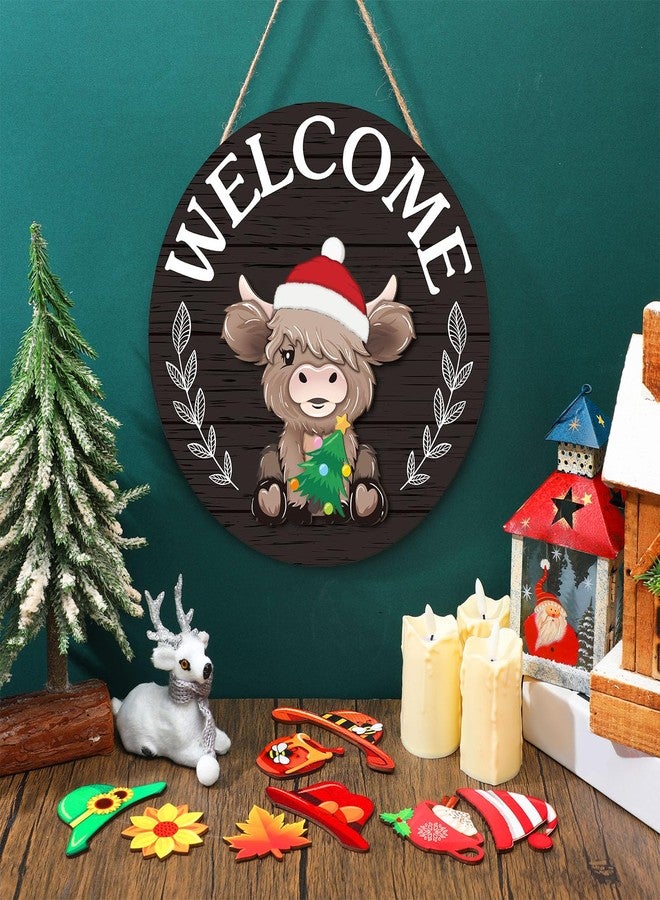 Vicenpal 35 Pcs Interchangeable Highlands Cow Welcome Sign Hanging Seasonal Cow Head Wooden Front Door Decor with 17 Interchangeable Hat 17 Magnet Swappable Pieces for Farmhouse Holiday(Dark Gray) - Image 2