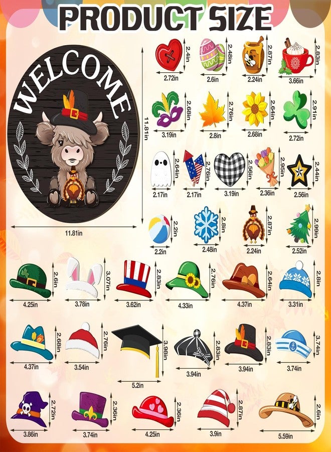 Vicenpal 35 Pcs Interchangeable Highlands Cow Welcome Sign Hanging Seasonal Cow Head Wooden Front Door Decor with 17 Interchangeable Hat 17 Magnet Swappable Pieces for Farmhouse Holiday(Dark Gray) - Image 3