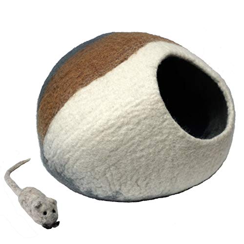 Mokoboho 100% Wool Felt Cat Cave Bed Handmade in Nepal with Free Mouse Toy Included (Gray/Tan/Cream) - Image 1