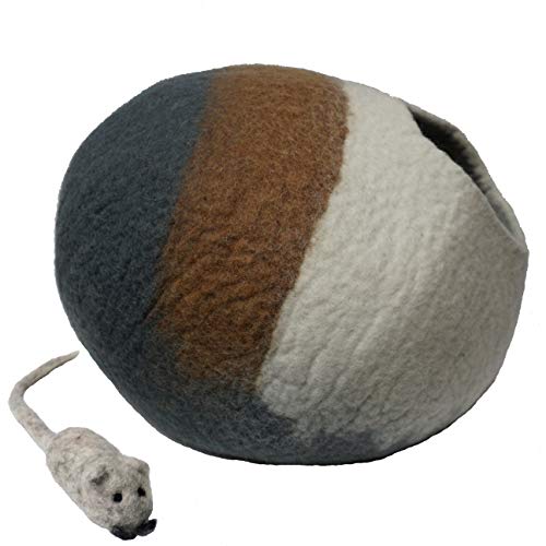 Mokoboho 100% Wool Felt Cat Cave Bed Handmade in Nepal with Free Mouse Toy Included (Gray/Tan/Cream) - Image 3