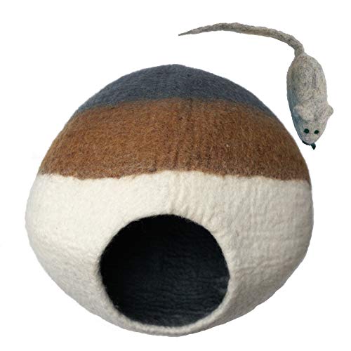 Mokoboho 100% Wool Felt Cat Cave Bed Handmade in Nepal with Free Mouse Toy Included (Gray/Tan/Cream) - Image 2