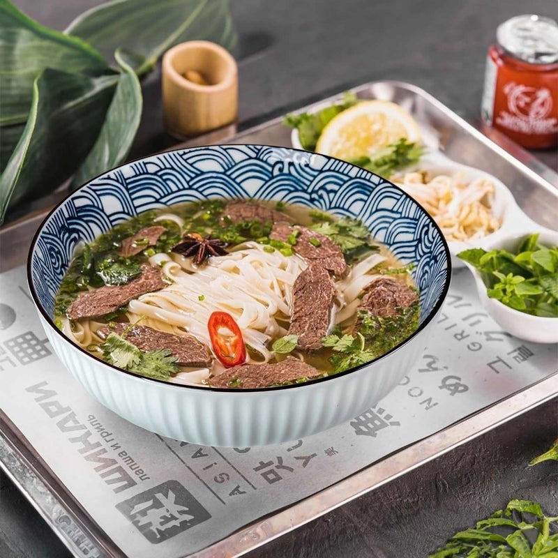 QINLANG Large Soup Bowls, Pho & Ramen Set of 3, 60 oz Blue & White Porcelain - Wave Pattern - Image 3
