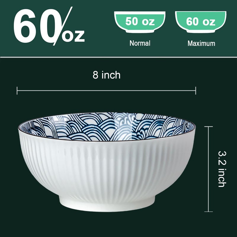 QINLANG Large Soup Bowls, Pho & Ramen Set of 3, 60 oz Blue & White Porcelain - Wave Pattern - Image 2