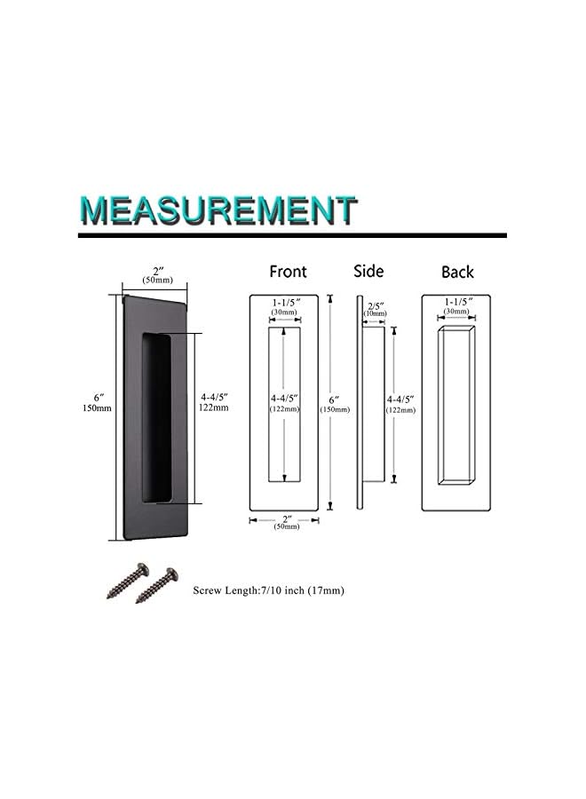 S-TOP (2 Pack)Black Rectangular Recessed Flush Handles Sliding Door Pulls Stainless Steel Closet Door Finger Pulls 6 Inch(150mm) Length Flush Pull Handles - Image 3
