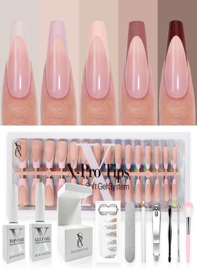 SXC Cosmetics French Tip Press On Nails - Skin Tone Nude and Color Series, Medium Coffin X-Pro Tips Starter Kit ST120KIT - Image 1
