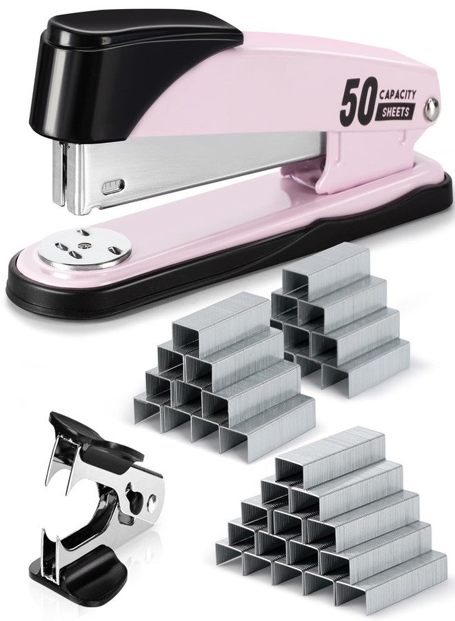 Deli Stapler Heavy Duty, Full Strip Staplers for Desk with 2000 Staples and Staple Remover, 50 Sheet Capacity, No Jam, Non-Slip Office Stapler with Staples for Office, Classroom, Pink - Image 1