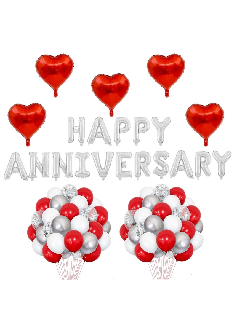 Boxwoods - Happy Anniversary Party Decoration With Red Heart Shape Foil Silver Chrome And Confetti Balloons - Image 1