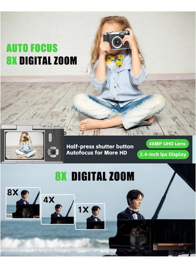 4k CCD Digital Zoom Student Digital Camera 48MP Portable Digital Photography Camera 180° Flip Screen Selfie Camera，with 128GB SD card - Image 2