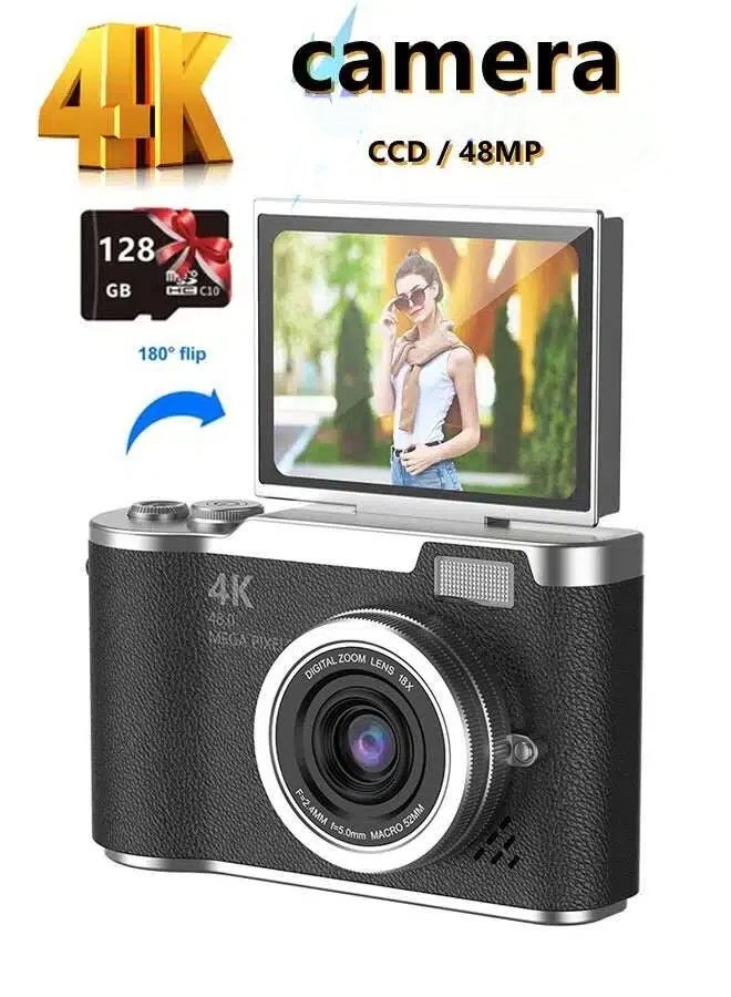 4k CCD Digital Zoom Student Digital Camera 48MP Portable Digital Photography Camera 180° Flip Screen Selfie Camera，with 128GB SD card - Image 1