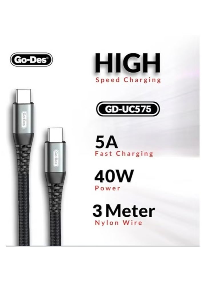 GO-DES Go Des PD Flash Cable 3m – Black 40W USB-C to USB-C Fast Charging Cable, 5A High-Speed Power Delivery for Quick Charging and Data Transfer - Image 4