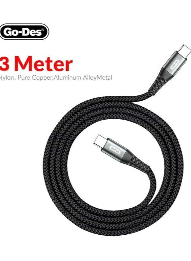 GO-DES Go Des PD Flash Cable 3m – Black 40W USB-C to USB-C Fast Charging Cable, 5A High-Speed Power Delivery for Quick Charging and Data Transfer - Image 3