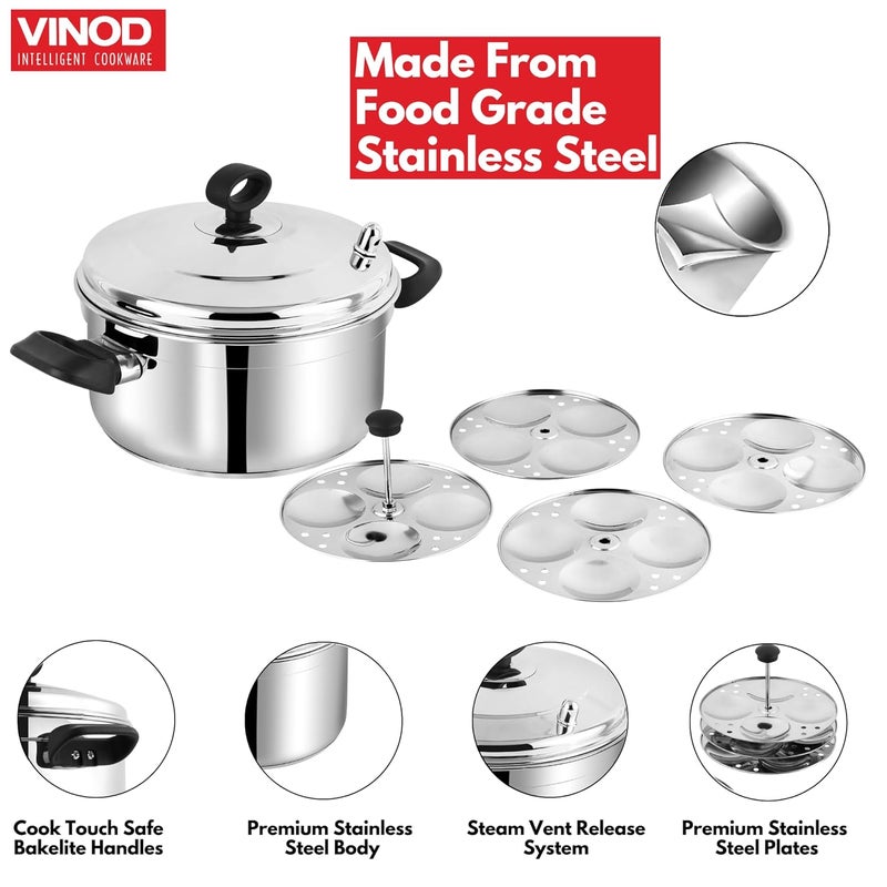 VINOD Vinod Classic Stainless Steel Idli Maker Cooker - 4 Deeper Plates (16 Idlis) / Idli Steamer/Idly Stand/Plump Fluffy Idlies/SAS Bottom/Induction & Gas Base - 2 Year Warranty  - Image 5