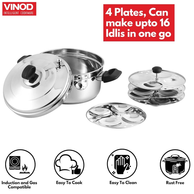 VINOD Vinod Classic Stainless Steel Idli Maker Cooker - 4 Deeper Plates (16 Idlis) / Idli Steamer/Idly Stand/Plump Fluffy Idlies/SAS Bottom/Induction & Gas Base - 2 Year Warranty  - Image 4