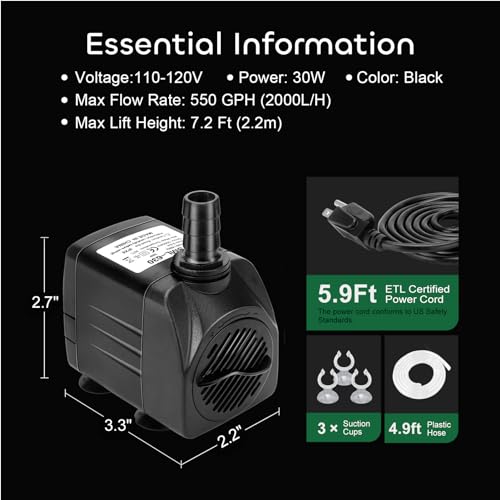 GROWNEER 550GPH Submersible Pump 30W Ultra Quiet Fountain Water Pump, 2000L/H, with 7.2ft High Lift, 3 Nozzles, 4.9 Feet Tubing for Aquarium, Fish Tank, Pond, Hydroponics, Statuary - Image 5