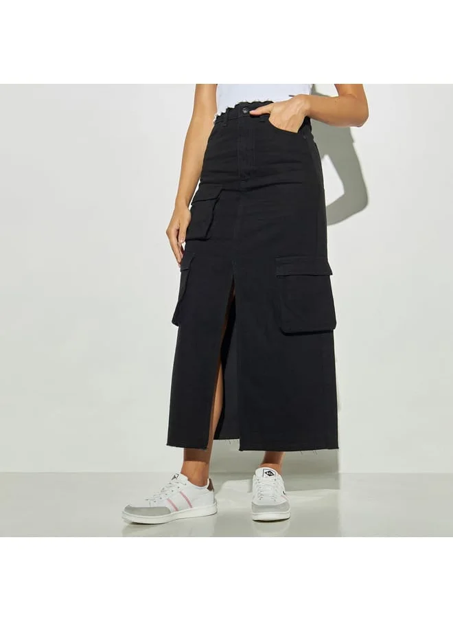 Lee Cooper Lee Cooper Solid Utility Denim Skirt with Slit