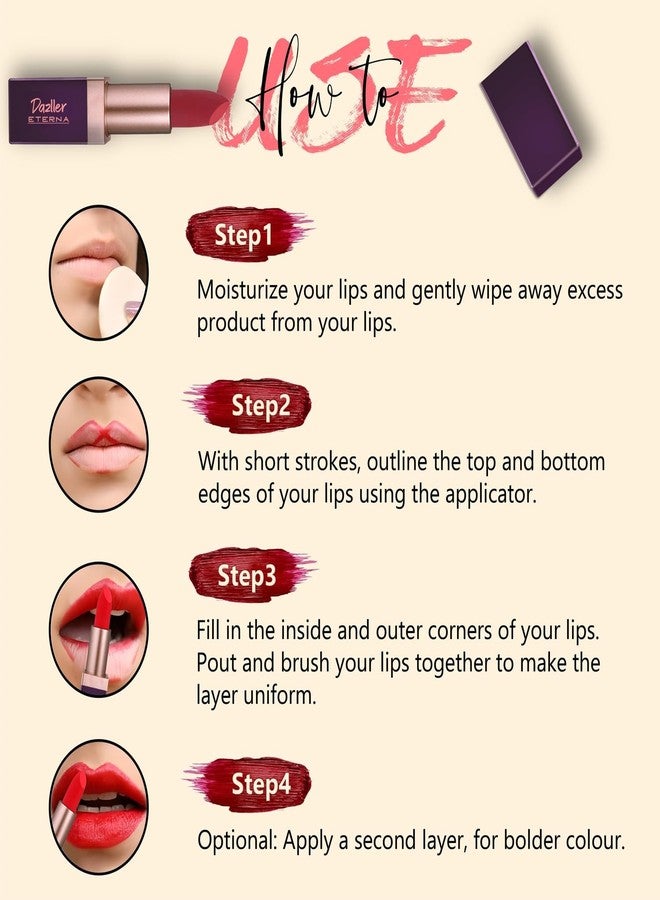 Dazller Eterna Lip Eleganz Lipstick, Matte, Smudge-proof, Feather-proof, With Herbal Extracts, 4g, M1007 - Fresh Fig - Image 5