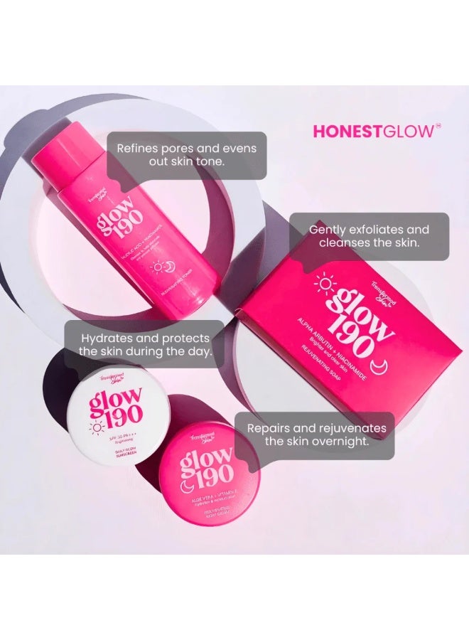 Transformed Skin Glow 190 Rejuvenating Skincare Set with Toner, Daily Glow SPF 30 PA+++ Sunscreen, Night Cream and Alpha Arbutin Niacinamide Soap for Brightening, Cleansing and Complete Day Night Skin Care Routine - Image 3