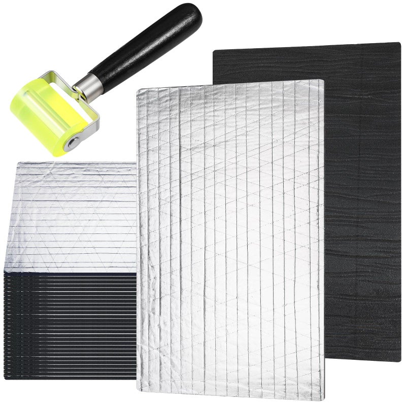 Tallew 31 Pcs 3229 Sqft 196 Mil Car Sound Deadening Mat Sound Deadener Automotive Audio Noise Insulation Dampening Insulation Mat with Rubber Roller for Hood Ceiling Door 157 x 98 in Each Sheet