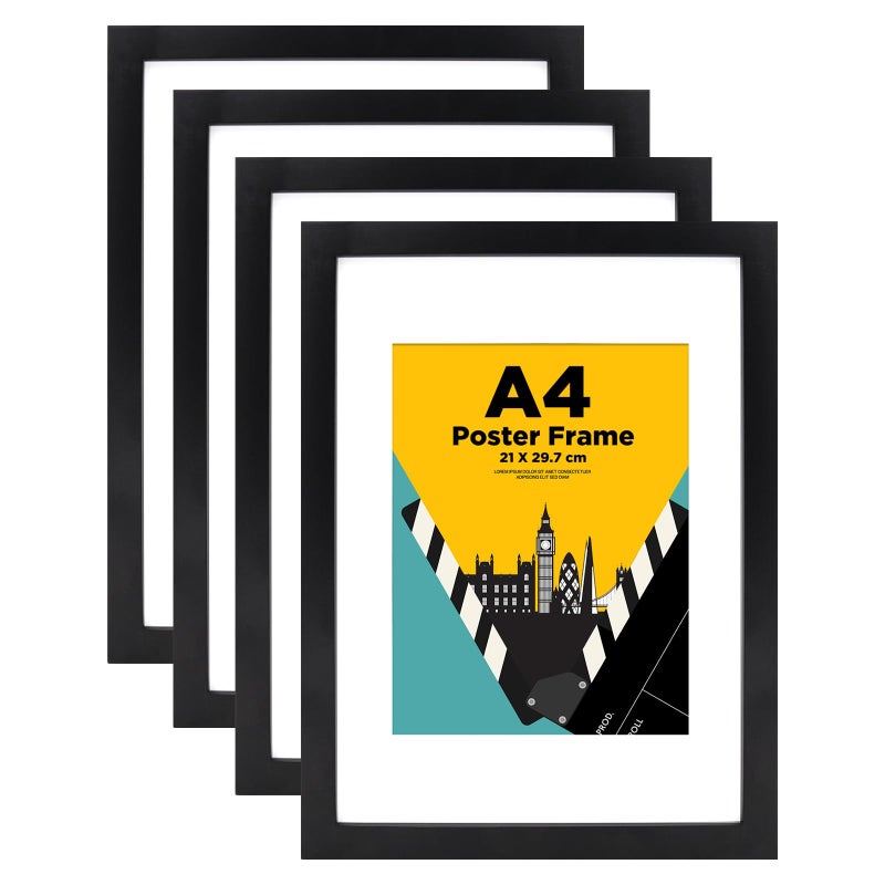 EGOFINE A4 Frames Black Set of 4  Wooden A4 Picture Frames A4 Photo Frames with A5 Mat A4 Poster Frame with Plexiglass for Table Top and Wall Mounting