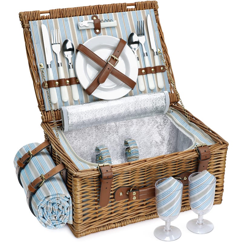 HappyPicnic Picnic Basket Set for 2 Persons Willow Hamper with Large Insulated Cooler Compartment Waterproof Blanket and Cutlery Service KitClassical Brown 