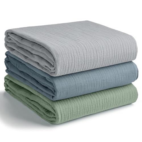 Comfy Cubs Muslin Swaddle Blankets Pack of 3 42 x 42 Inch Soft 100 Cotton Baby Blanket Set Large Wraps for Newborns SelfSoothing Swaddles for Newborns Heather Blue Pacific Blue Fern - Image 1