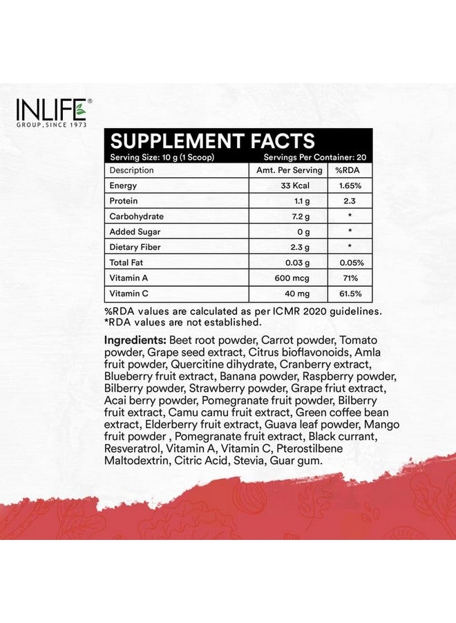 Inlife مسحوق سوبر ريدز من INLIFE | مشروب مكمل غذائي غني بمضادات الأكسدة | 20 فاكهة سوبر، بنجر وتوت | تنشيط بالطاقة مع مضادات الأكسدة القوية يدعم الطاقة 200 جرام (سوبر ريدز) - Image 2