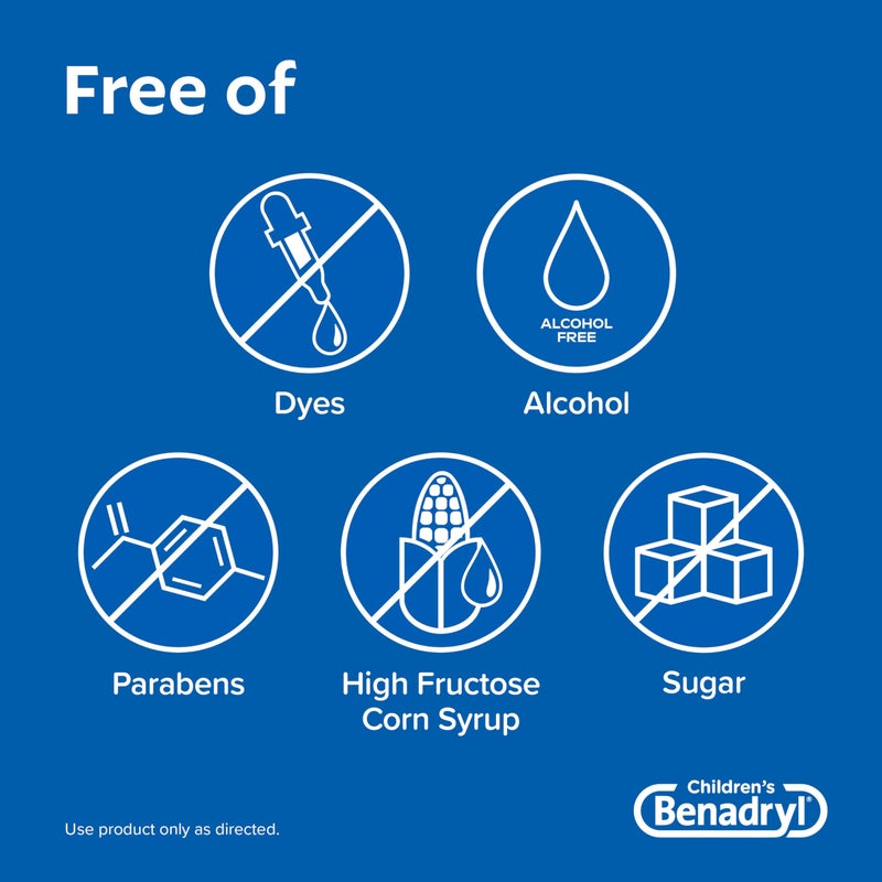 Benadryl دواء بنادريل السائل للأطفال خالي من الأصباغ لعلاج الحساسية مع ديفينهيدرامين HCl، دواء مضاد للهستامين لتخفيف الحساسية للأطفال، خالي من الأصباغ، خالي من الكحول، بنكهة العلكة، 4 أونصة سائلة. - Image 2