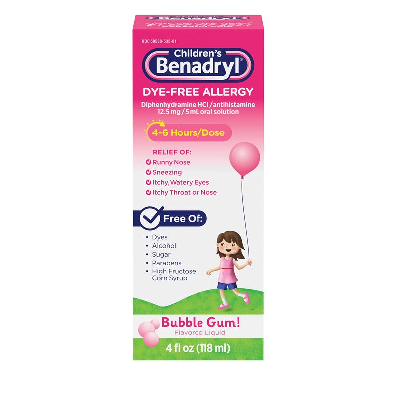 Benadryl دواء بنادريل السائل للأطفال خالي من الأصباغ لعلاج الحساسية مع ديفينهيدرامين HCl، دواء مضاد للهستامين لتخفيف الحساسية للأطفال، خالي من الأصباغ، خالي من الكحول، بنكهة العلكة، 4 أونصة سائلة. - Image 1
