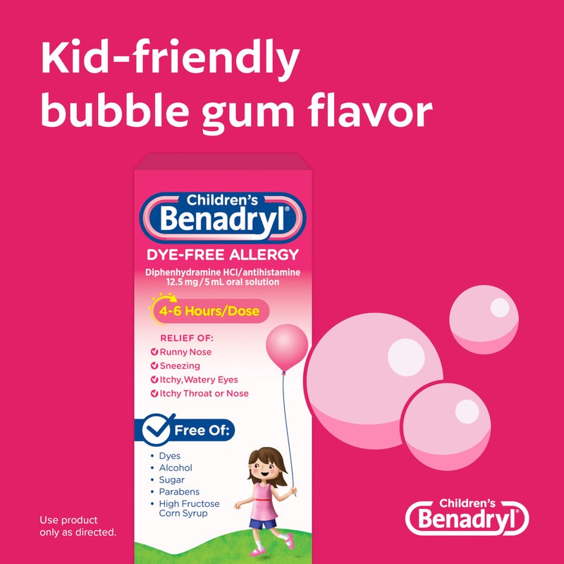 Benadryl دواء بنادريل السائل للأطفال خالي من الأصباغ لعلاج الحساسية مع ديفينهيدرامين HCl، دواء مضاد للهستامين لتخفيف الحساسية للأطفال، خالي من الأصباغ، خالي من الكحول، بنكهة العلكة، 4 أونصة سائلة. - Image 5