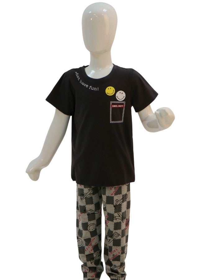 JOANNA JOANNA Boy's Just Have Fun Print Short Sleeve Shirt & Long Pants Pajama Set, Black  - Image 1