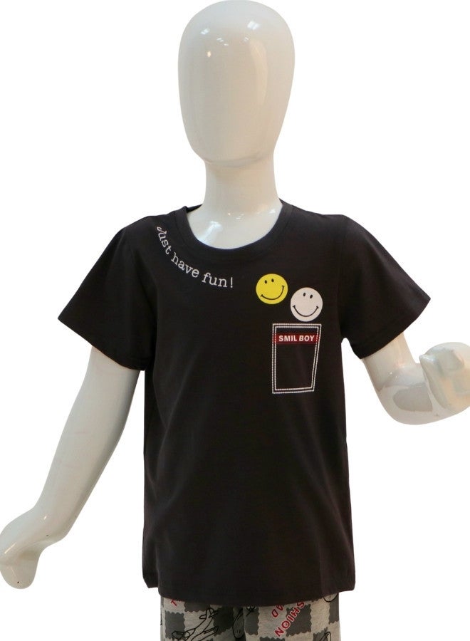 JOANNA JOANNA Boy's Just Have Fun Print Short Sleeve Shirt & Long Pants Pajama Set, Black  - Image 2