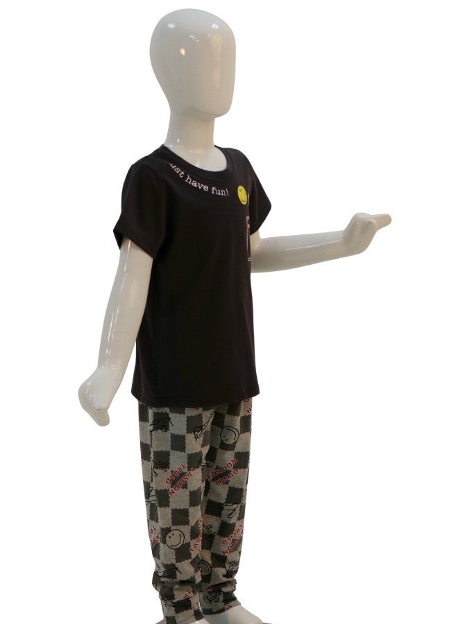 JOANNA JOANNA Boy's Just Have Fun Print Short Sleeve Shirt & Long Pants Pajama Set, Black  - Image 4
