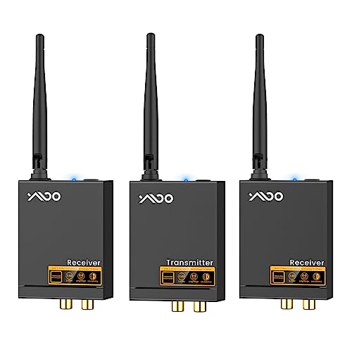 YMOO 3 in 1 2.4Ghz Wireless Audio Transmitter and Receiver,2 Receivers for Two Speakers,20ms Ultra Low Latency,192kHz/24bit HiFi,320ft Range RCA Jack Wireless Adapter for TV/Speaker/PC/Home Stereo - Image 1