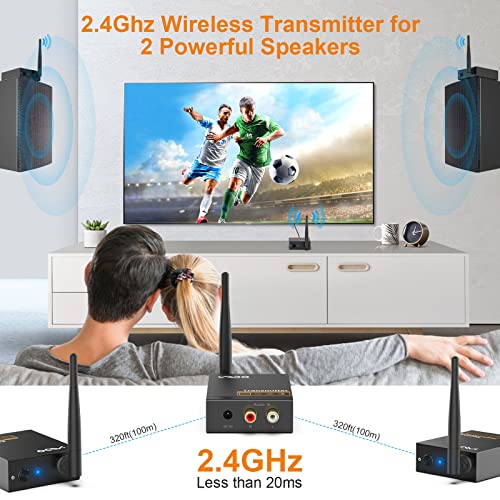YMOO 3 in 1 2.4Ghz Wireless Audio Transmitter and Receiver,2 Receivers for Two Speakers,20ms Ultra Low Latency,192kHz/24bit HiFi,320ft Range RCA Jack Wireless Adapter for TV/Speaker/PC/Home Stereo - Image 3