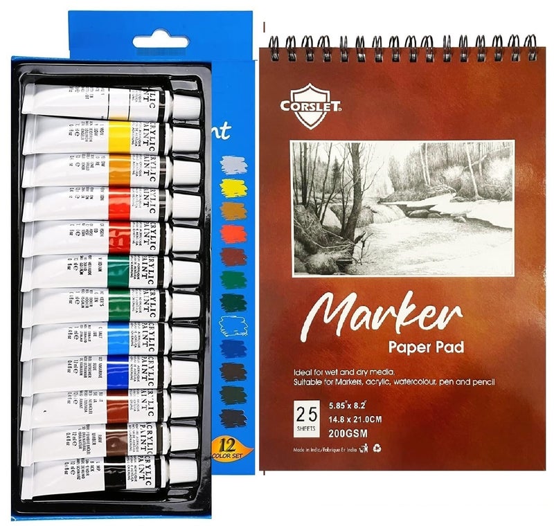 Corslet Professional Acrylic Paint Set 12ml Acrylic Colours 12 Pc with Acrylic Sketchbook DIY Paint, Rich Pigment | Multi-surface | Non-Cracking Paint for Canvas, Wood, Leather, Earthenware, Metal - Image 1