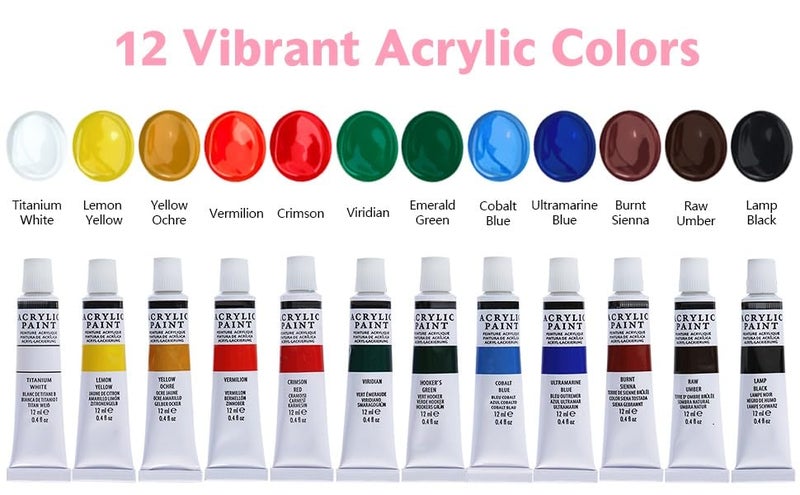 Corslet Professional Acrylic Paint Set 12ml Acrylic Colours 12 Pc with Acrylic Sketchbook DIY Paint, Rich Pigment | Multi-surface | Non-Cracking Paint for Canvas, Wood, Leather, Earthenware, Metal - Image 2