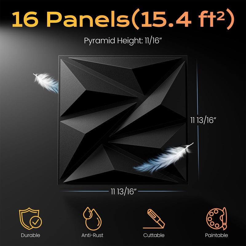 Sonicism Wall Panels Upgrade 16 Pack,0.7â€x11.8â€x11.8â€Pyramid 3D Wall Panels Creative Cutting,PVC Wall Panels for Interior Wall Decor Fire Resistant,Wall Tiles for Various Scenes(Charcoal Black) - Image 5