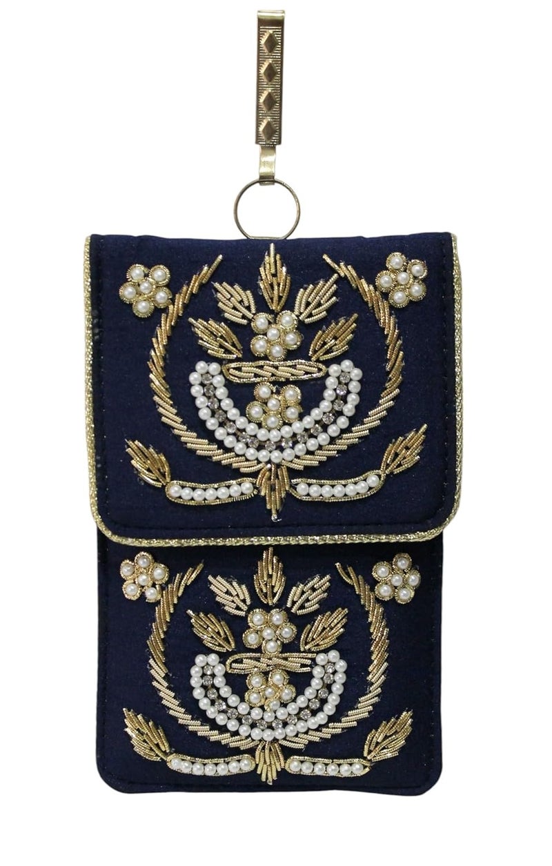 MILAN'S CREATION Exclusive Mobile Pouch Zardozi Hand Embroidery With Waist Clip Hook & Sling Chain (removable) | Ladies Women’s Handbag Wallet Sling Purse | Party Wedding Festival Giveaways Gift | - Image 1