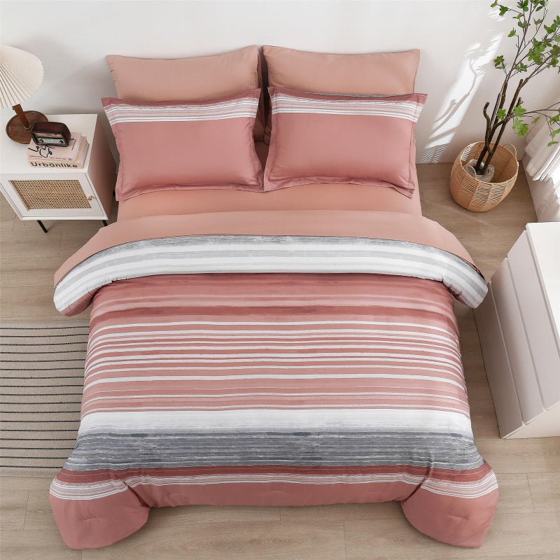 KAKIJUMN 7 Piece Bed in a Bag Stripe Comforter Set King Size  White Grey Blush Pink Patchwork Striped Comforter and Sheet Set  All Season Soft Microfiber Complete Bedding Sets(Pink King)