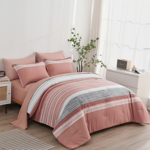 KAKIJUMN 7 Piece Bed in a Bag Stripe Comforter Set King Size  White Grey Blush Pink Patchwork Striped Comforter and Sheet Set  All Season Soft Microfiber Complete Bedding Sets(Pink King)