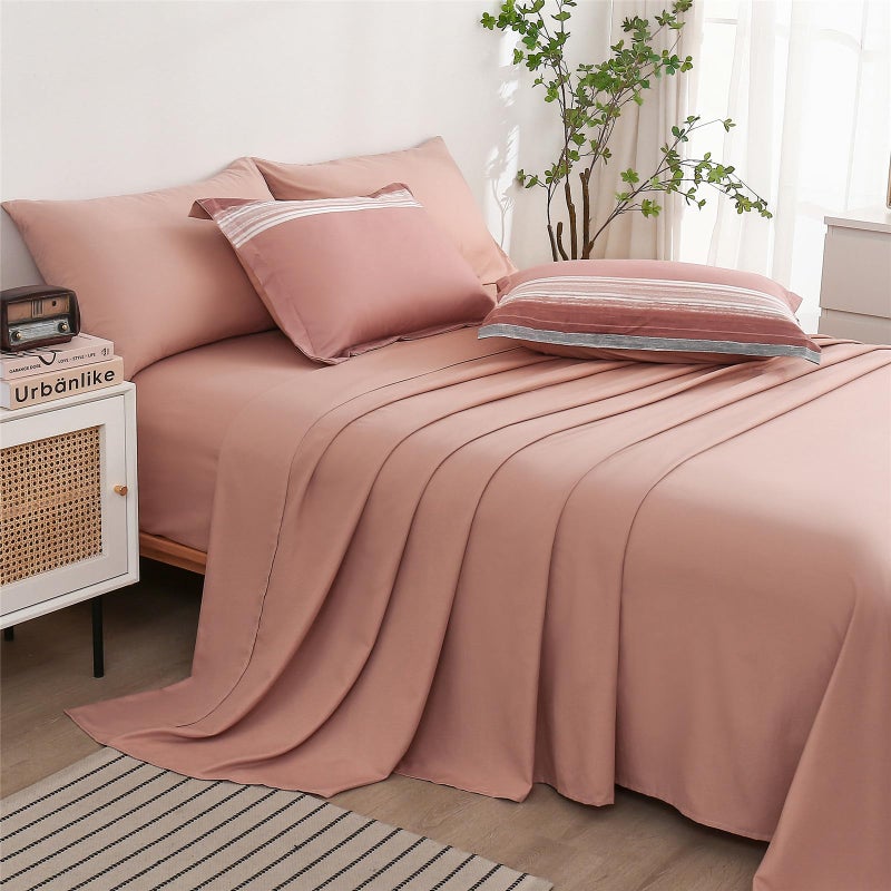 KAKIJUMN 7 Piece Bed in a Bag Stripe Comforter Set King Size  White Grey Blush Pink Patchwork Striped Comforter and Sheet Set  All Season Soft Microfiber Complete Bedding Sets(Pink King)