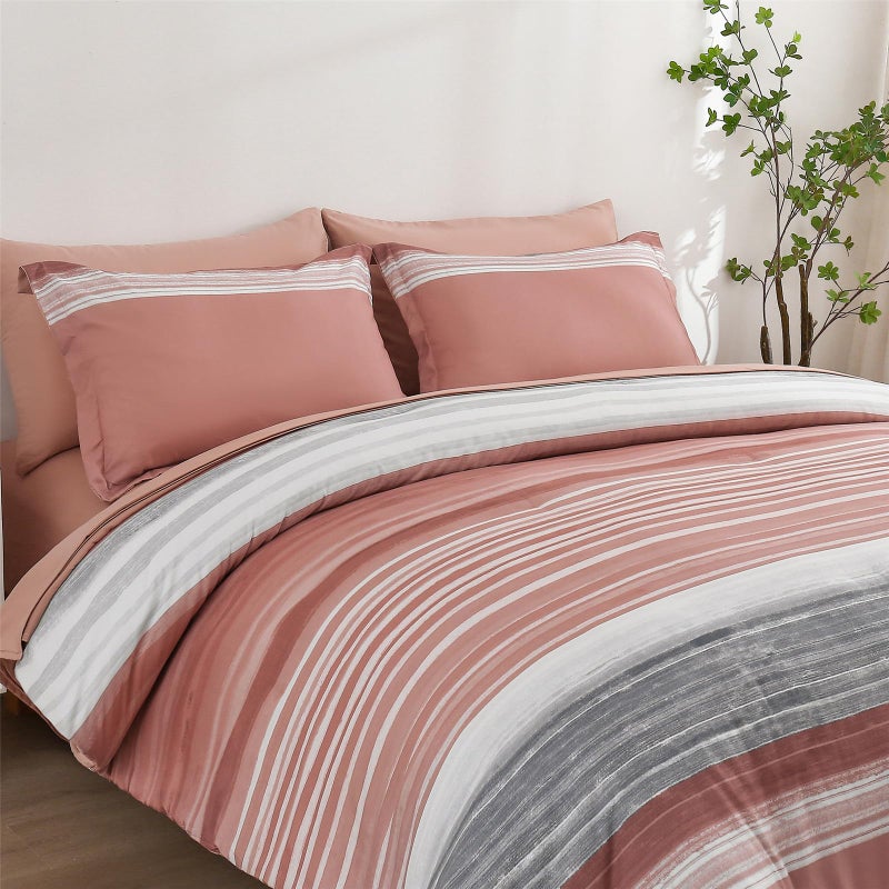 KAKIJUMN 7 Piece Bed in a Bag Stripe Comforter Set King Size  White Grey Blush Pink Patchwork Striped Comforter and Sheet Set  All Season Soft Microfiber Complete Bedding Sets(Pink King)
