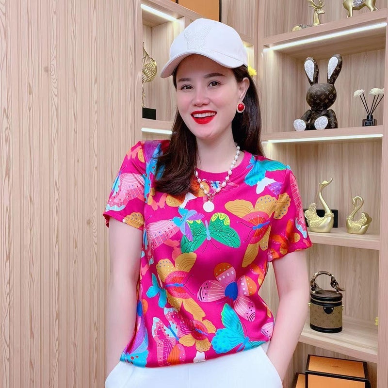 T-Shirt Women'S Summer 2023 New Age-Reducing Western Style Small Shirt Butterfly Printed Short-Sleeved Outer Wear Loose Slimming Top - Image 4