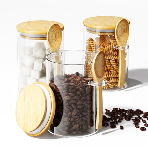 KOIKEY Coffee Sugar Container Salts Jars  15oz Glass Airtight Caning with Bamboo Lids and Spoons Scoop Storage Overnight Oats Spice Creamer Food Organizer Set of 3