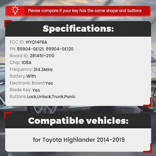 Beefunny Smart Remote Key Fob Replacement for Toyota Highlander 2014 2015 2016 2017 2018 2019 Keyless Entry Car Key Fob 4 Buttons FCC ID:HYQ14FBA Board ID:281451-2110 (1) - Image 2